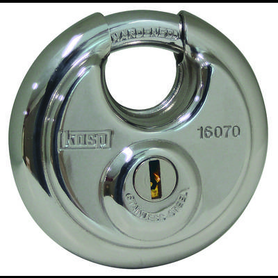 A gleaming, round stainless steel security padlock with an industrial key. Model number 16070 is visible.