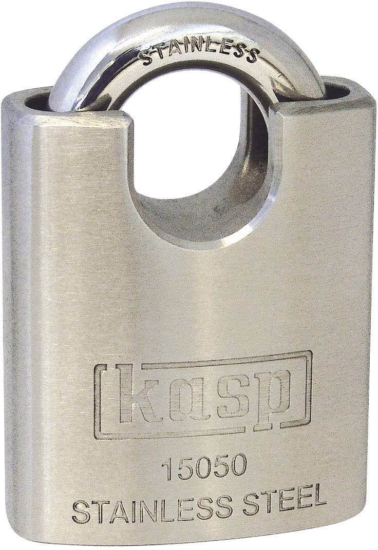 A stainless steel padlock with the inscription 'Kasp 15050 Stainless Steel'.