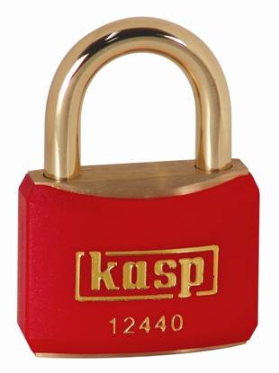 Red padlock with a golden shackle, with the inscription 'kasp 12440' on the front.