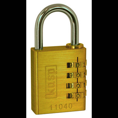 A brass combination lock with four-digit code setting.