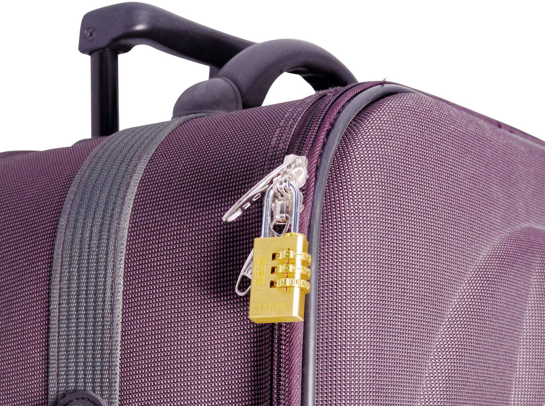 A purple rolling suitcase with a combination lock on the zip. The handle of the case is visible.