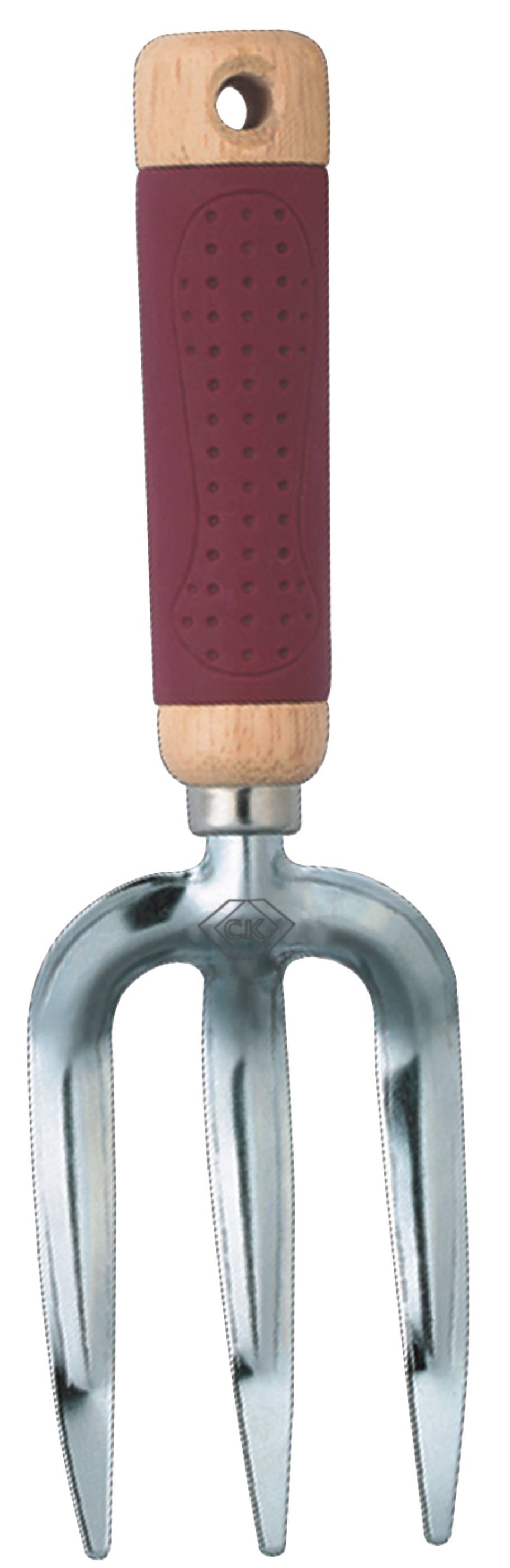Hand garden fork with wooden handle and three metal tines, suitable for loosening and aerating soil in plant beds.