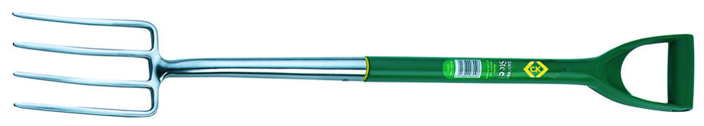 Green garden fork with metal tines and a D-handle, suitable for gardening tasks.