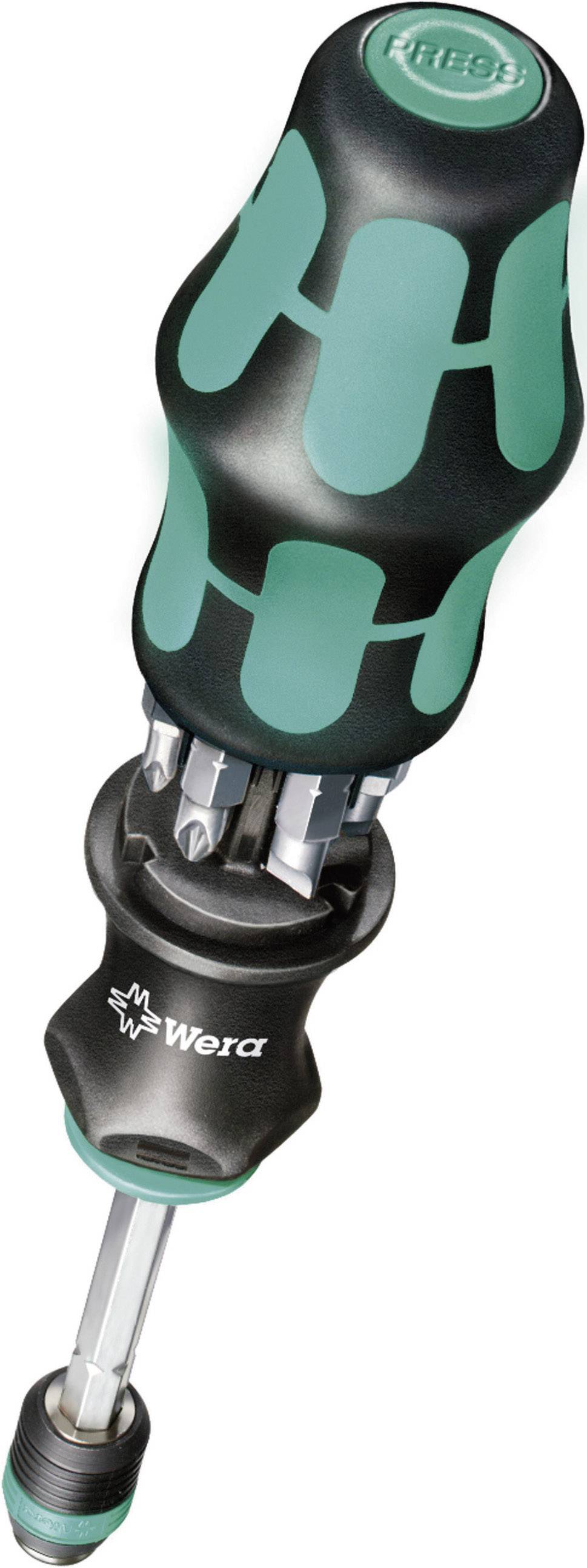 A screwdriver with a green and black handle and various bits in the shaft, brand 'Wera'.