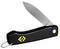 A small, folding pocket knife with a black handle and a sharp metal blade. A yellow logo is visible on the handle.