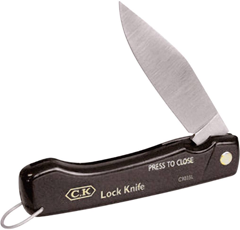 A black folding knife with the inscription 'Lock Knife' and 'PRESS TO CLOSE', partially opened.