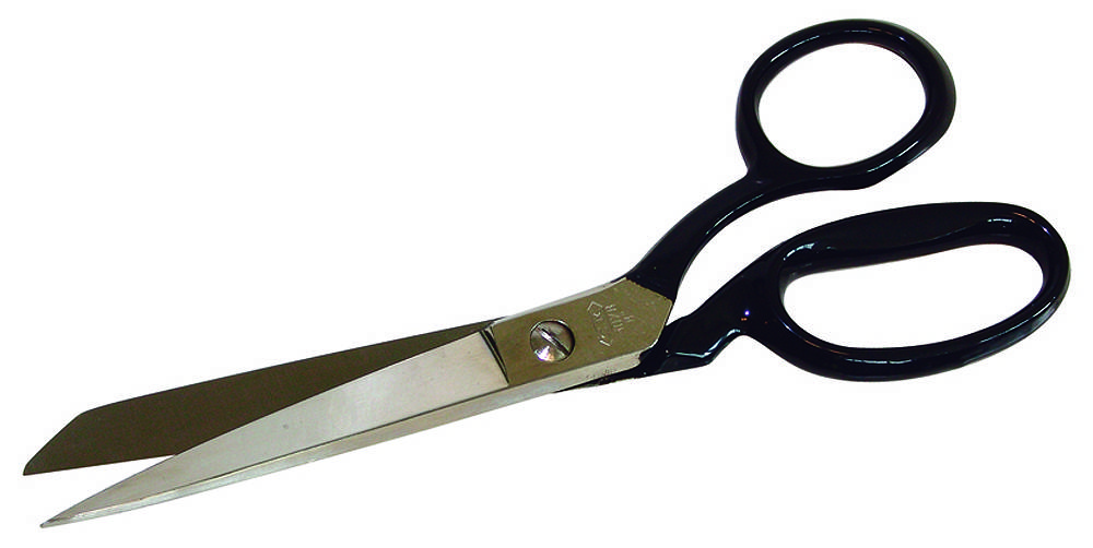 A metal tailoring scissors with black handles lies open on a white background.