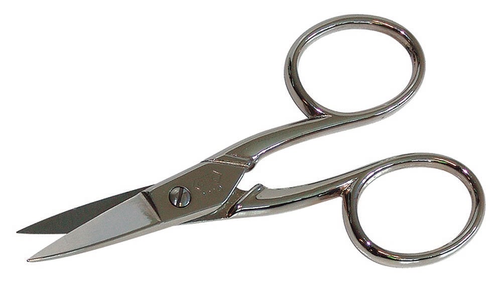 A small, silver nail scissors with curved blades and two finger holes.