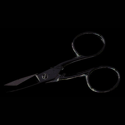 A small, silver nail scissors with curved blades and two finger holes.