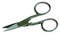 A small, silver nail scissors with curved blades and two finger holes.