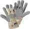 Two work gloves made from grey and beige material; robustly designed for protection during manual crafts and trades.