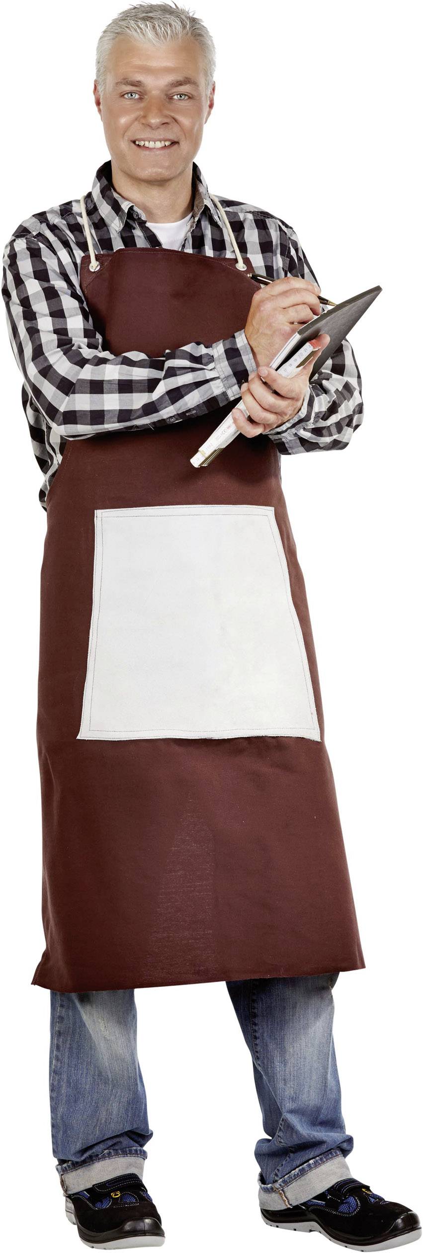 A man in a checked shirt and apron stands smiling with a tablet in his hand, as if taking an order.