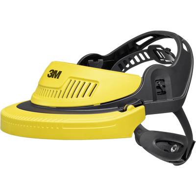 Yellow safety helmet with black plastic mounting and adjustable headband, suitable for industrial safety applications.