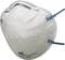 A white FFP2 respiratory protection mask with blue elastic straps and a flexible metal nose bridge for adjustment.