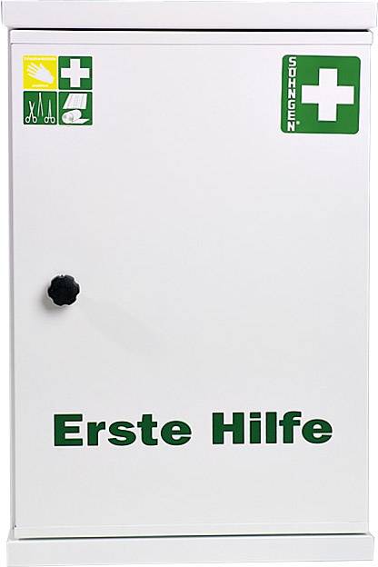First aid cabinet with green cross. Contains essential medical basic equipment.