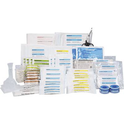 First aid kit with plasters, bandages, scissors and dressings. Contains various medical supplies for emergencies.