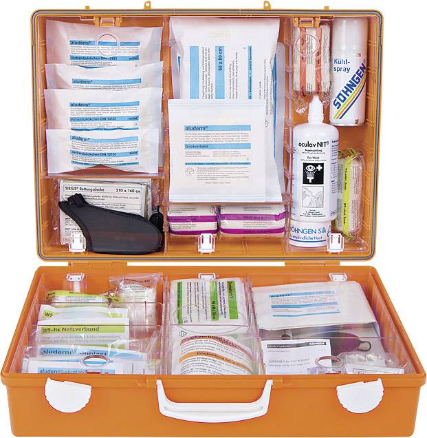 An orange first aid kit, filled with bandages, disinfectant, plasters, and medical emergency supplies.