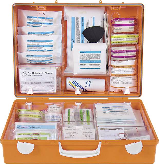 First aid kit, opened with various bandages, plasters, compresses, and medical accessories neatly arranged.