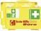 Yellow first aid box for the office. Stickers show scissors, bandage, plaster, and emergency number symbol. Contains medical equipment.