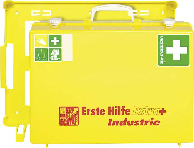 Yellow first aid box with the inscription 'First Aid Extra Industry', including medical symbols and protective shields.