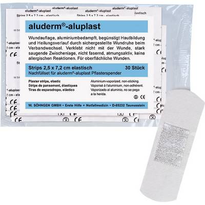 Packaging and plasters by 'aluderm-aluplast', elastic wound dressings for sensitive skin, 30 pieces, size 2.5 x 7.2 cm.