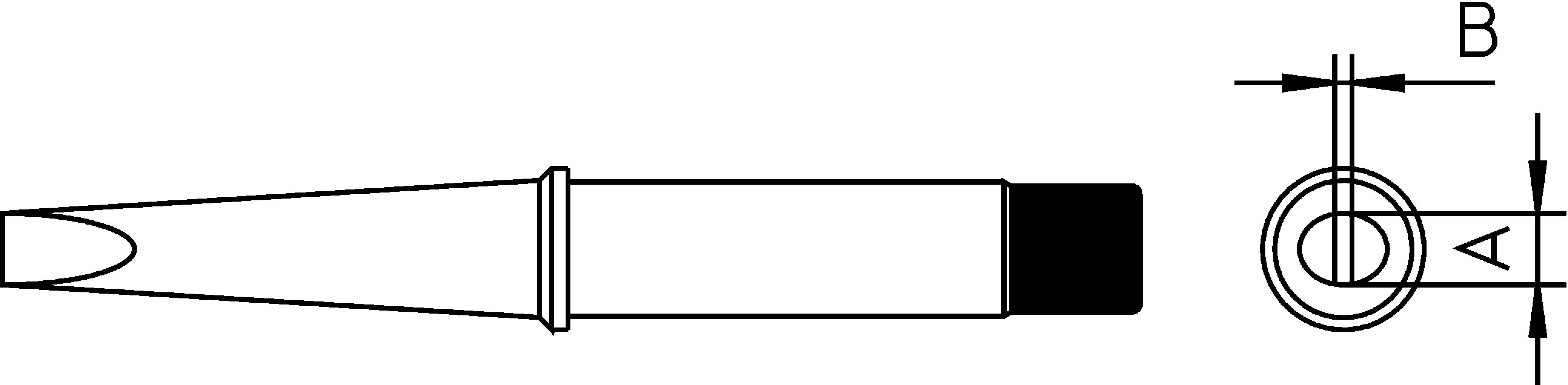 Technical drawing of a soldering tip profile with side cross-section and top view. Dimensions A and B are highlighted.
