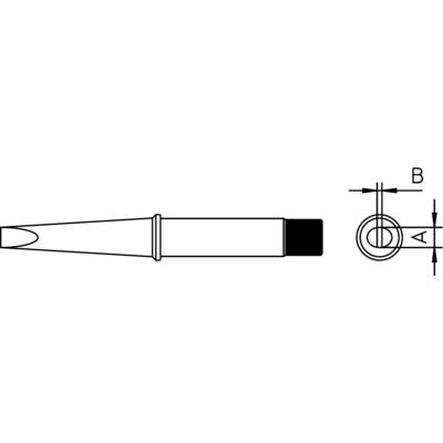 Technical drawing of a soldering tip profile with side cross-section and top view. Dimensions A and B are highlighted.