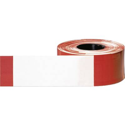 A roll of red and white barrier tape unrolled. Typically used on construction sites and to mark hazardous areas.