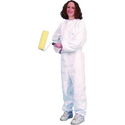 A person wearing a white painter's overalls is holding a paint roller and smiling at the camera.