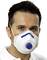 A man is wearing a white respiratory mask with a blue valve, covering his mouth and nose.