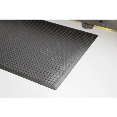 A black, rubberised non-slip mat lies on a white floor, improving safety by preventing slipping.