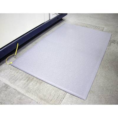 A grey floor mat with a yellow cable lies in front of a blue cabinet on a concrete floor.