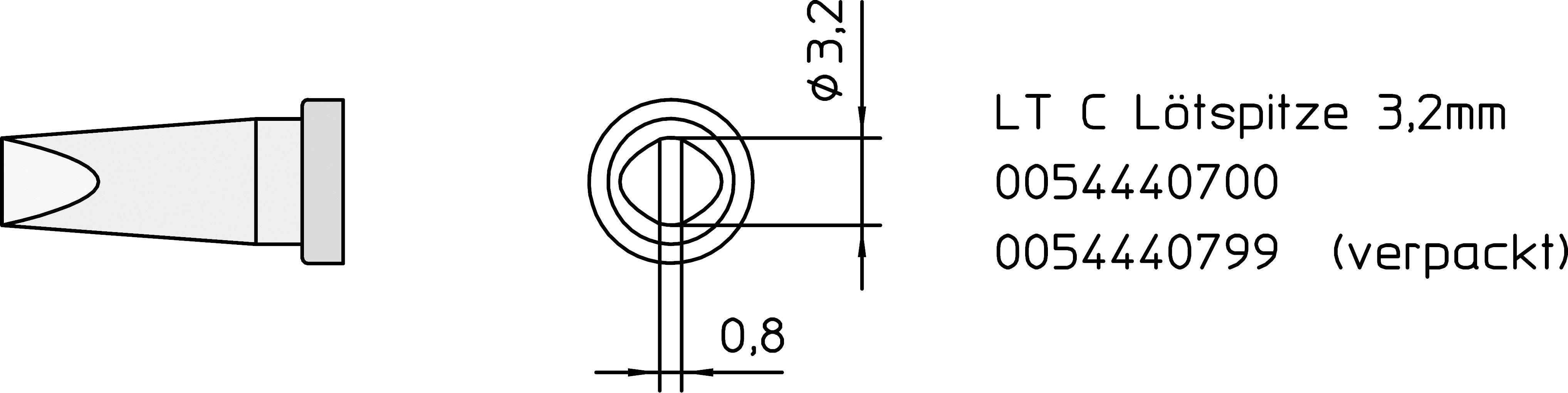 Technical drawing of a soldering tip with dimensions of 3.2 mm diameter and 0.8 mm tip. Labelled: 'LT C Soldering Tip 3.2mm'.