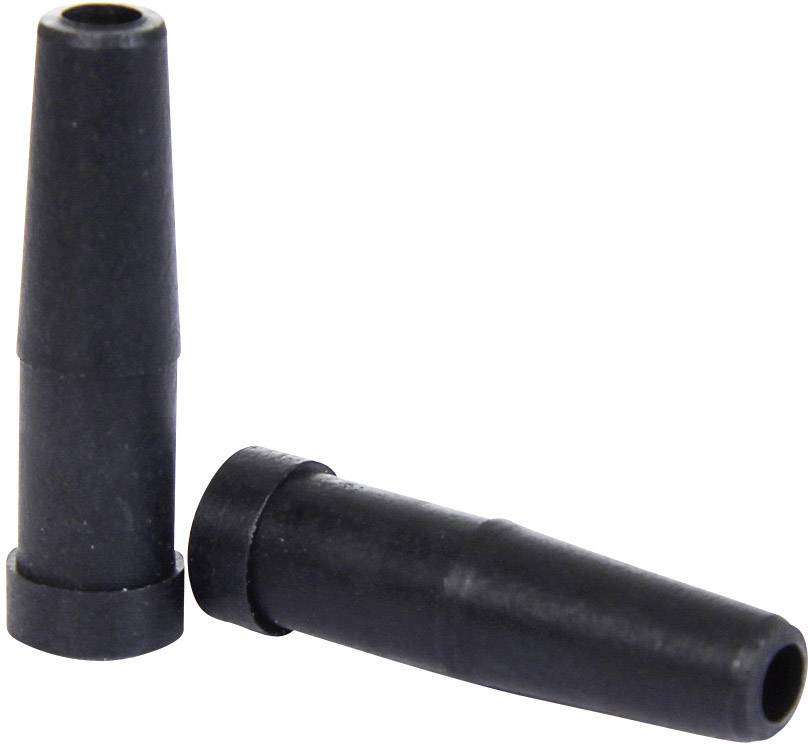 Two black rubber stoppers, one standing upright, the other lying sideways beside it.