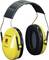 Yellow hearing protection with a black headband for noise reduction, right ear cup labelled 'PELTOR OPTIME I', suitable for loud environments.