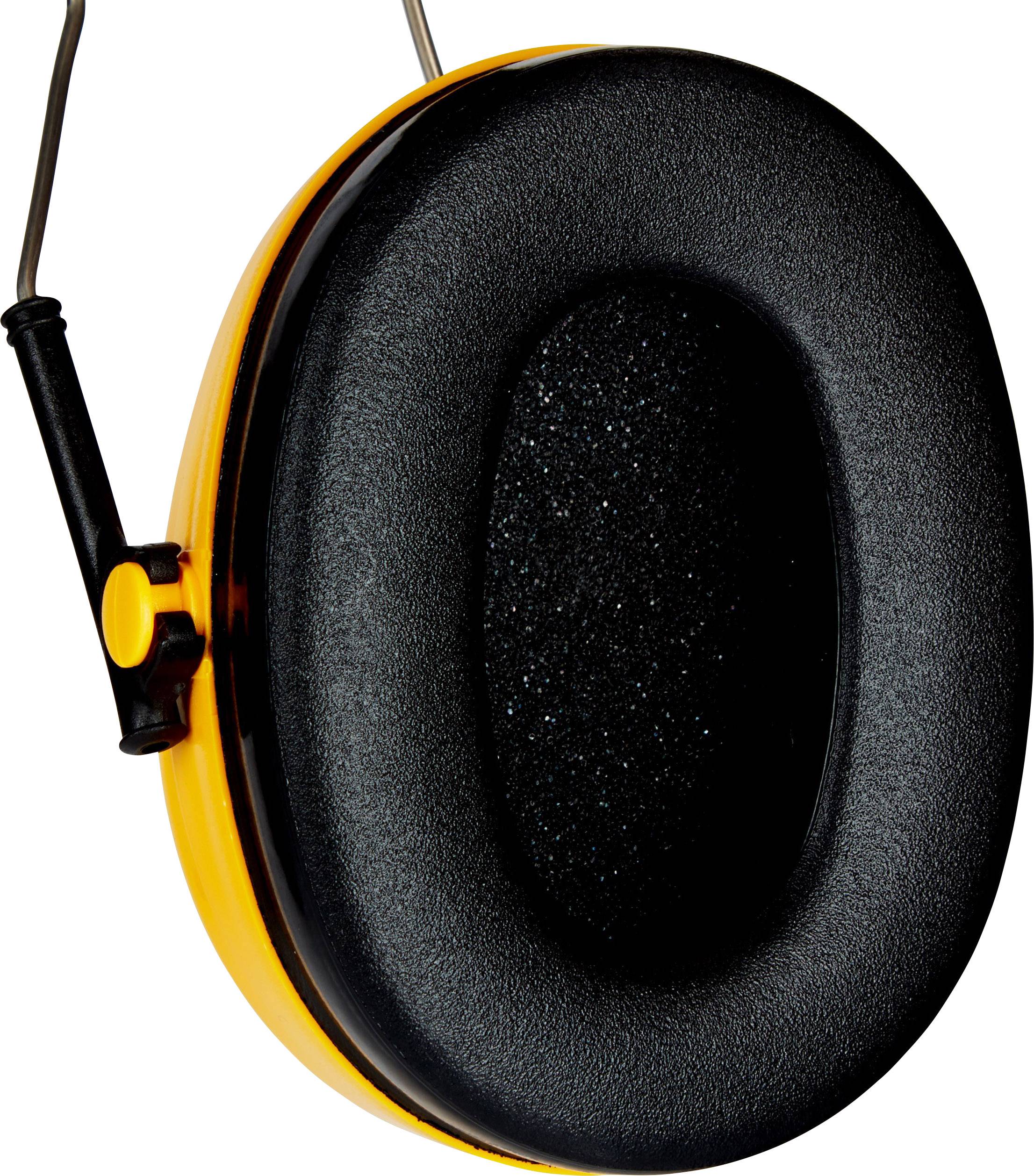 Black and yellow ear defenders, viewed from the side, showing thick padding and metal arms.