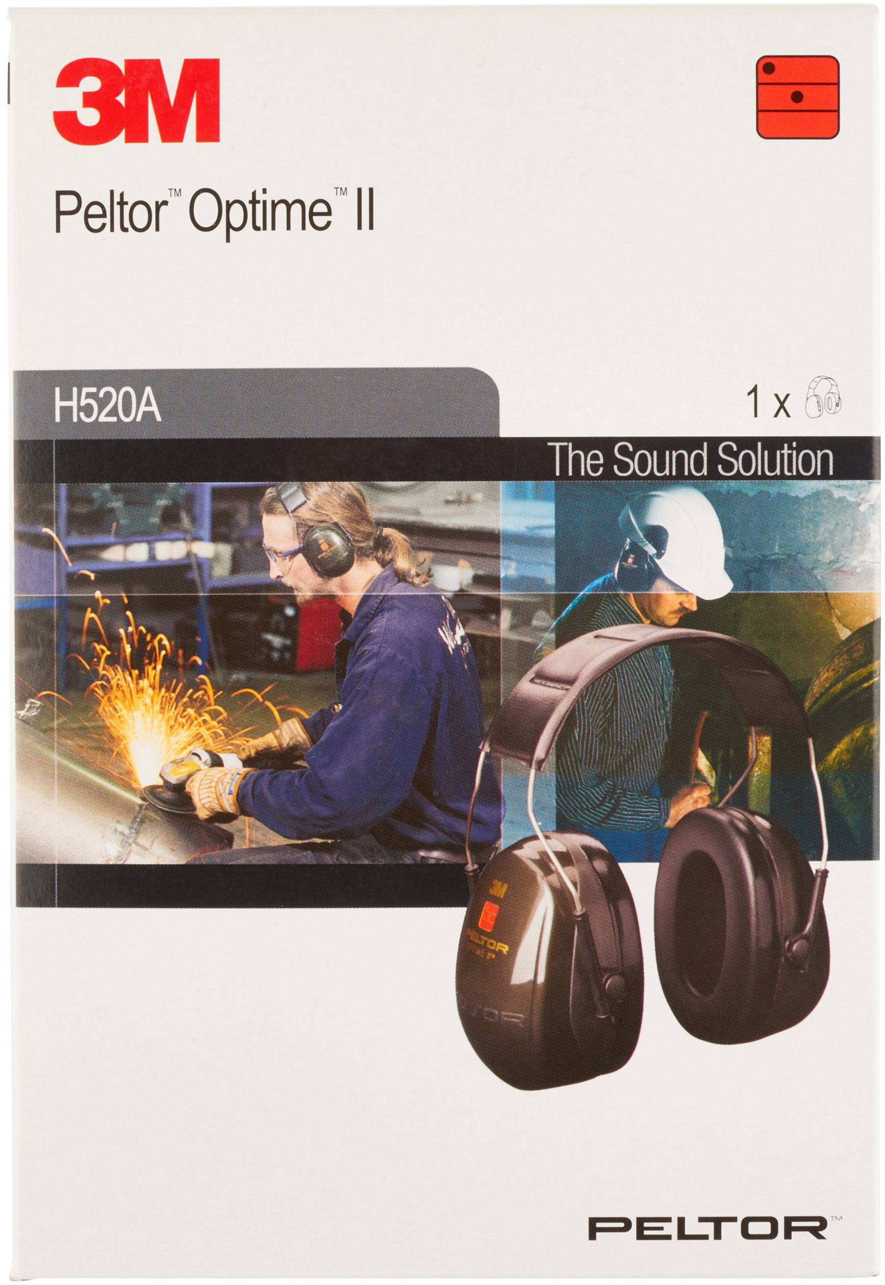 A package for 3M Peltor Optime II Ear Defenders with images: Worker wearing ear protection and a pair of ear defenders.