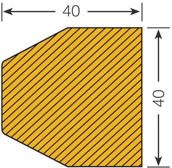 An orange-highlighted, pentagonal component with diagonal lines is depicted, with side lengths of 40 mm in width and height.