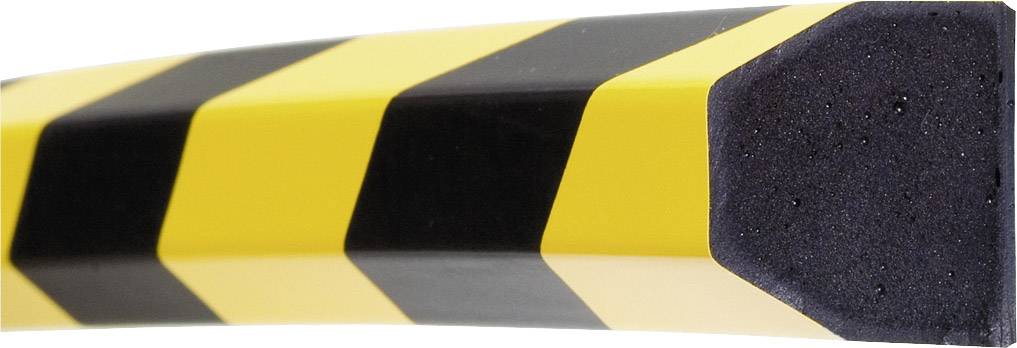 Black and yellow warning marking with diagonal stripes, placed as a protective measure at a corner.