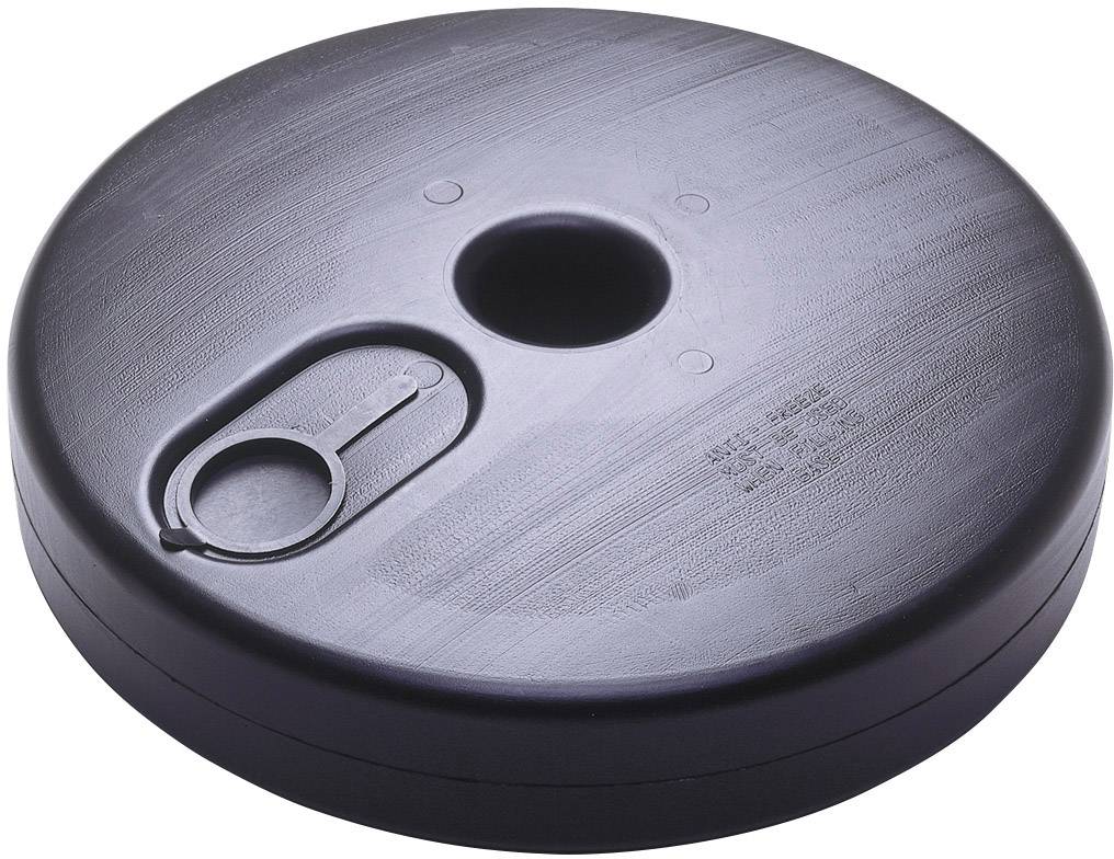 Black, round plastic cover with a central opening and a small, integrated lid on the surface.
