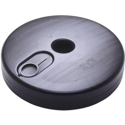 Black, round weight with a central hole and plastic closure for easy handling and secure sealing.
