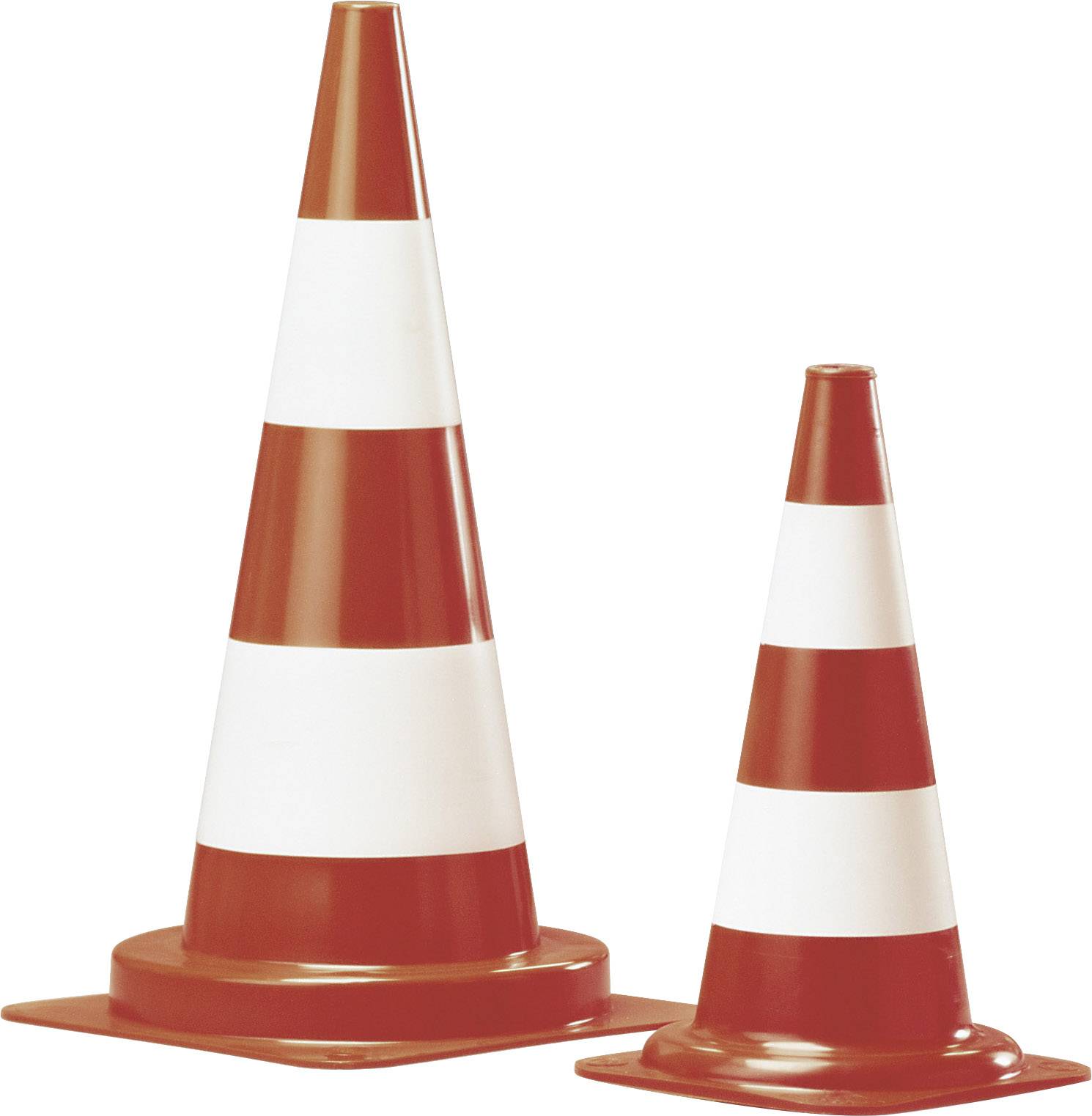 Two red and white traffic cones of different sizes, with a larger cone on the left and a smaller one on the right.