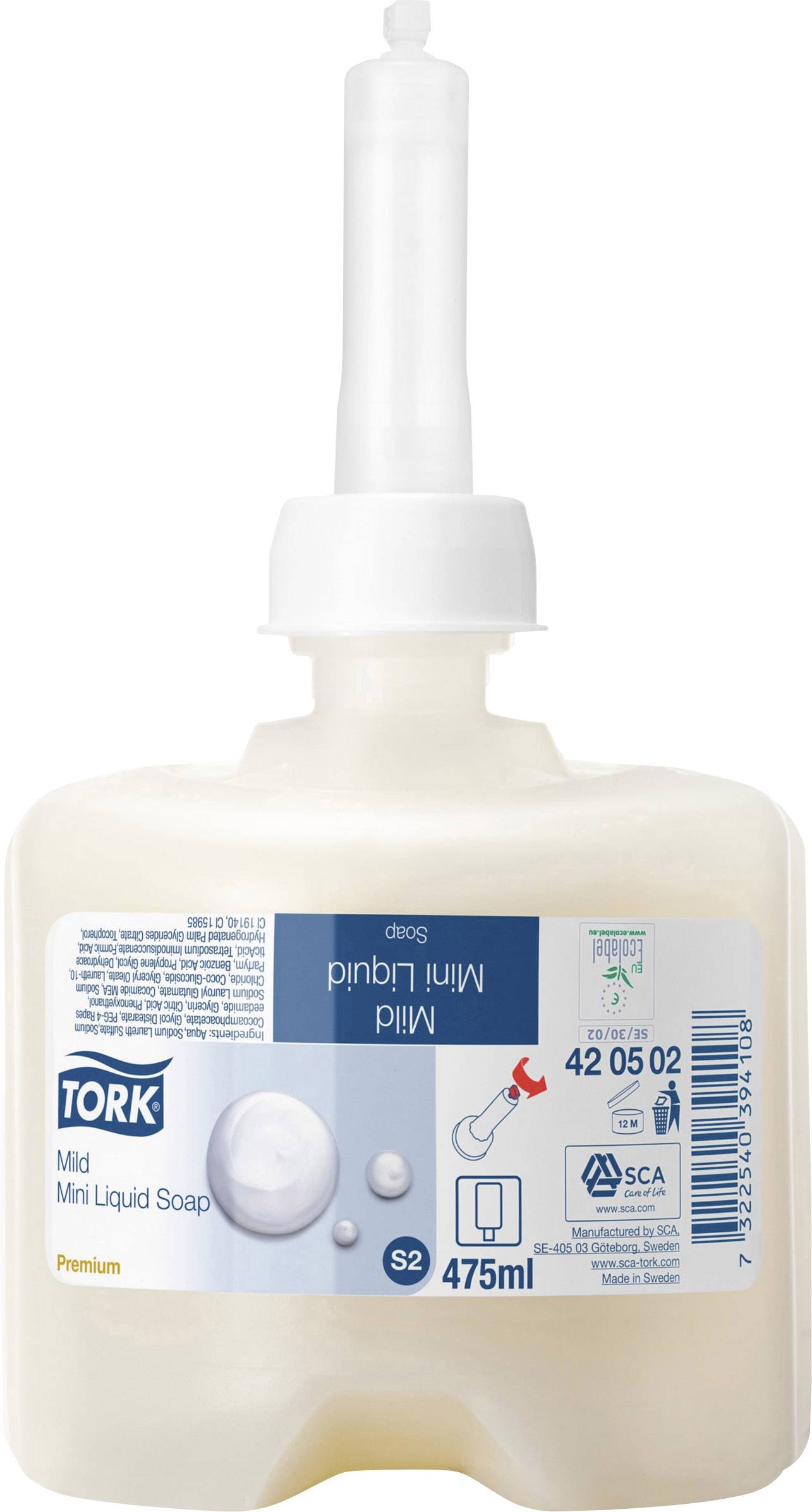 A bottle of TORK Mild Mini liquid soap with 475 ml content. The label shows foam bubbles and the product is suitable for dispensers.
