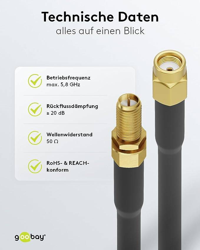 Goobay Antennas Cable extension [1x RP-SMA plug - 1x RP-SMA socket] 2 m Black Shielded, Round, PVC coating-4