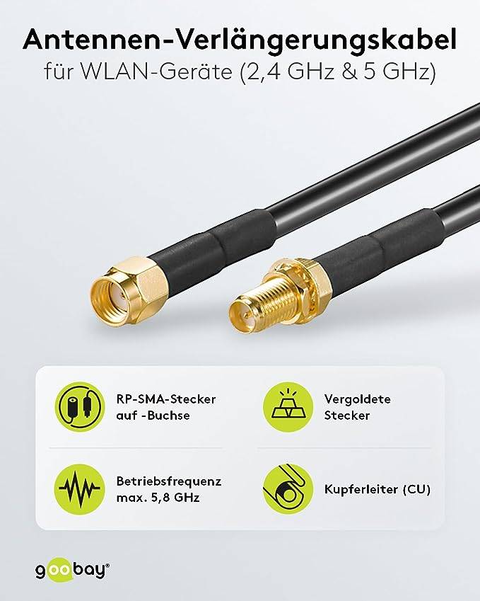 Goobay Antennas Cable extension [1x RP-SMA plug - 1x RP-SMA socket] 1 m Black Shielded, Round, PVC coating-1