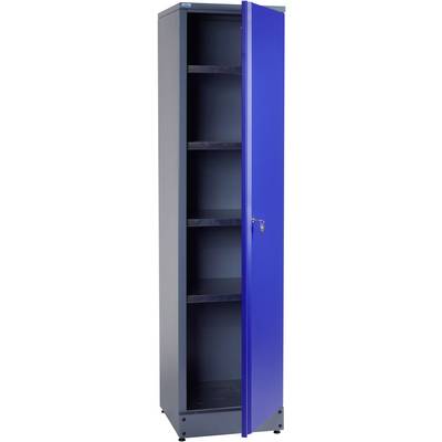 A tall, narrow metal cabinet with a blue door is partially open, revealing five empty shelf compartments inside.