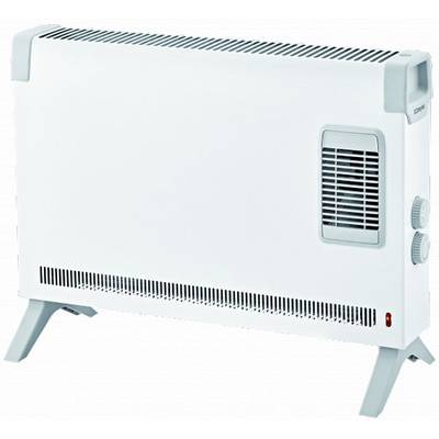 A white radiator with ventilation slots at the top and side, and two rotary controls for temperature adjustment. Freestanding on legs.