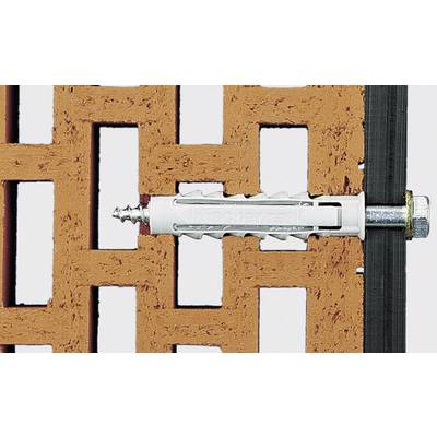 Close-up of a wall plug in a brick wall. A screw anchor is securely fixed in a red brick, ready for installation work.
