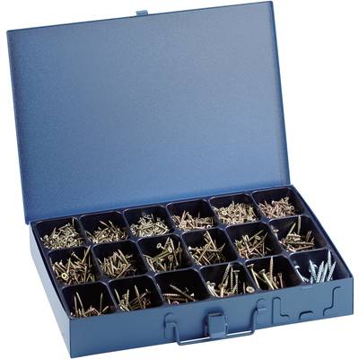 A metal compartment box with multiple sections containing screws of different colours. Each compartment is clearly divided.