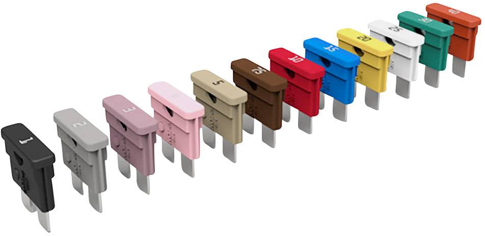 Various colour-coded electrical fuses arranged in a row, staggered according to amperage, ranging from 1A to 30A.
